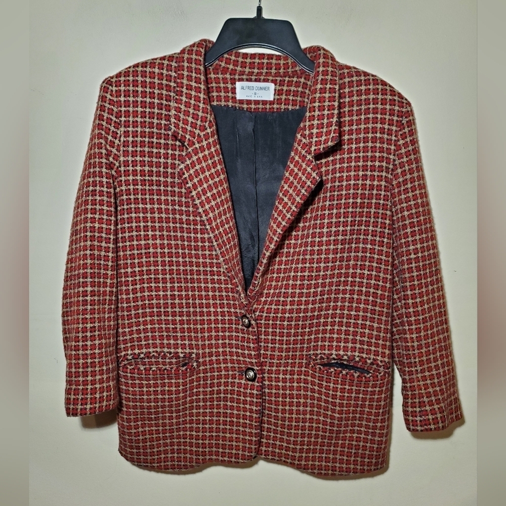 Alfred Dunner Plaid Red Check Wool Blazer Gold Tone Buttons Size 8